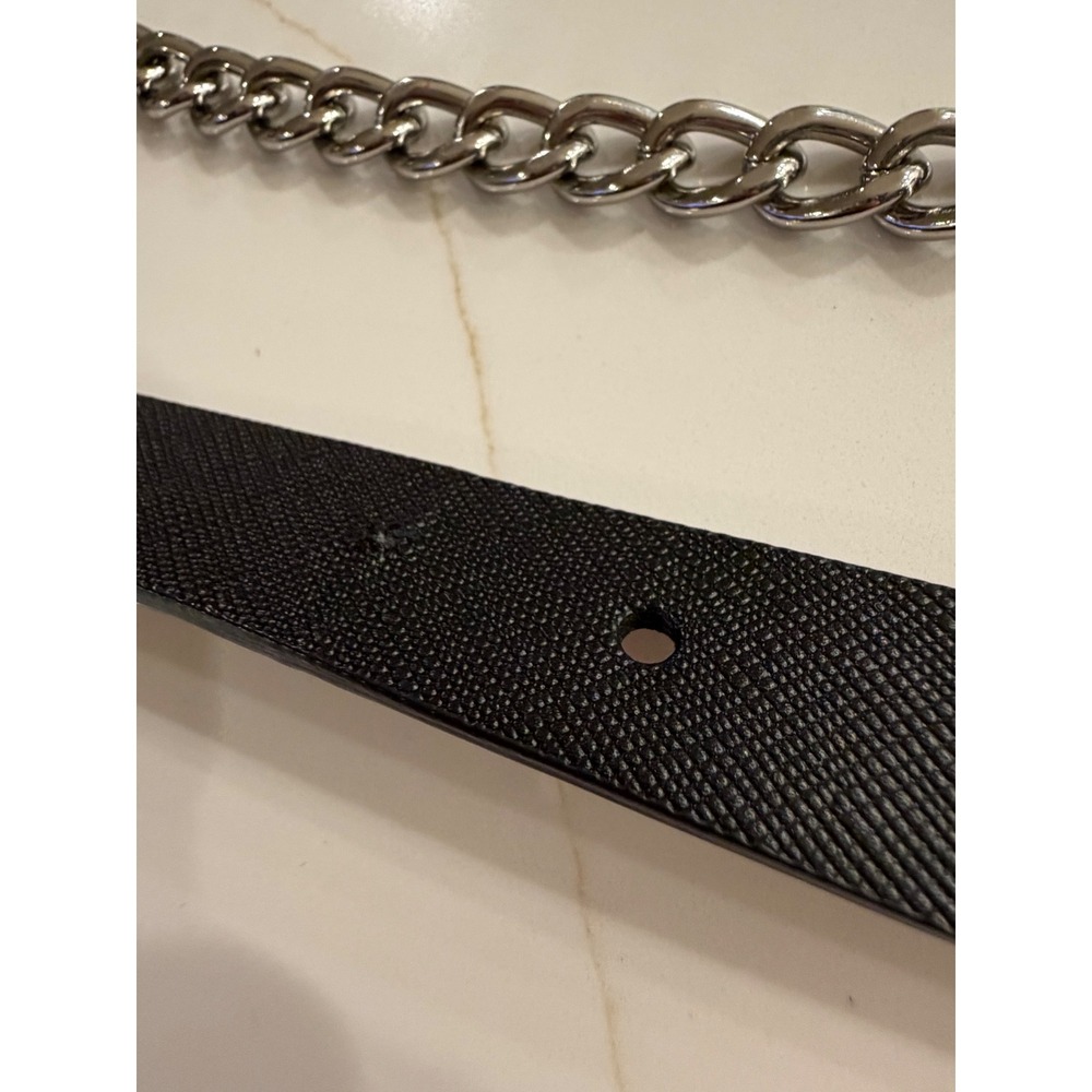 Michael Kors Black Saffiano Leather Silver Chain Skinny Belt Round Buckle Sz L - Picture 6 of 9